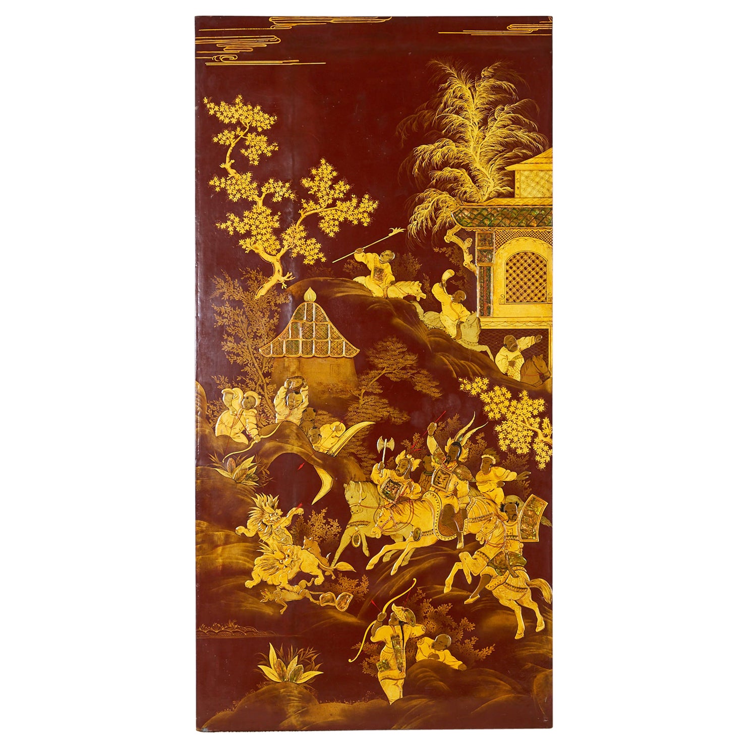 Asian Wood Panel Paintings Diptych Brass Hardware Flora and Fauna Scene