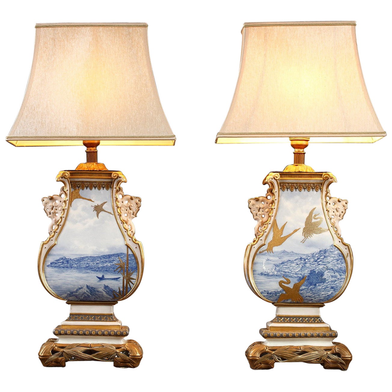 Pair of Royal Worcester Porcelain Lamp-Mounted Vases, England, 1877