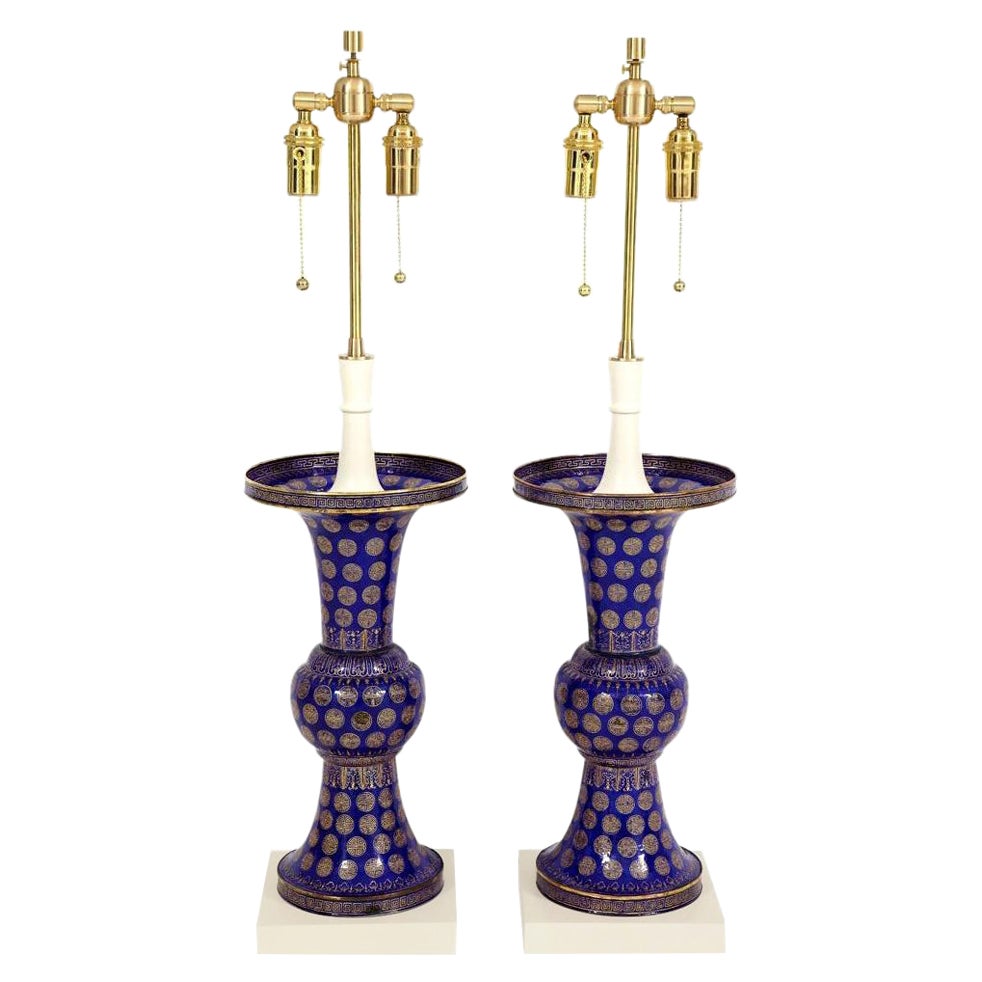 Mid-Century Modern Tommi Parzinger Lamps, Chinese Qing Cloisonné, Cobalt Blue, Gilt, Brass, Signed For Sale