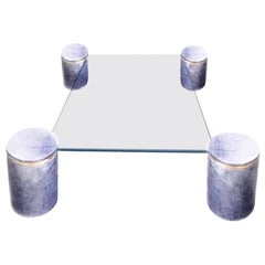 Karl Springer Steel Blue Goatskin Floating Coffee Table, Brass Trim, 1987