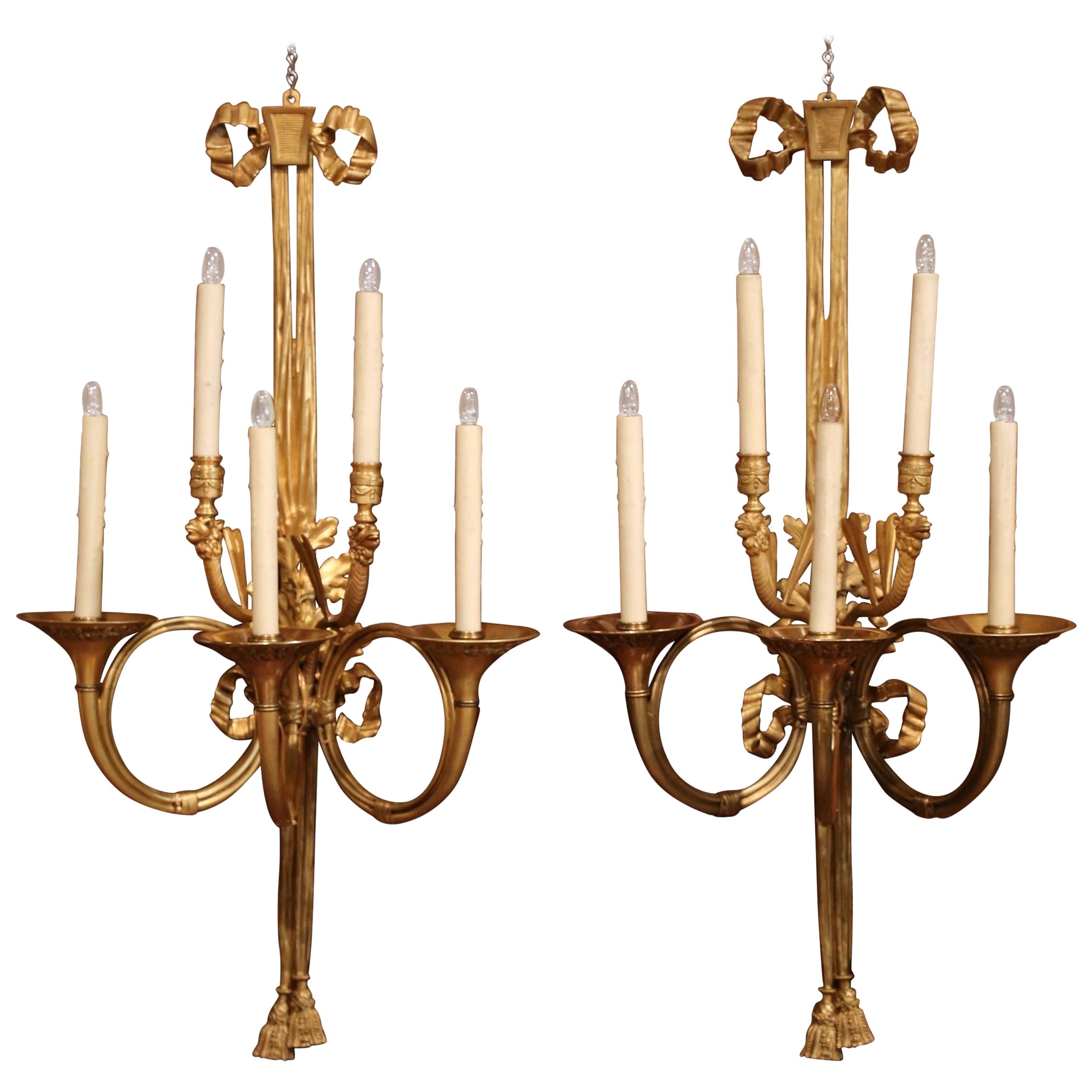 Pair of 19th Century French Louis XVI Bronze Dore Five-Light Wall Sconces For Sale