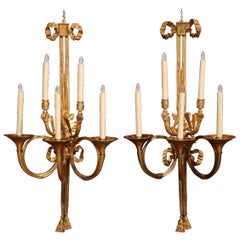 Antique Pair of 19th Century French Louis XVI Bronze Dore Five-Light Wall Sconces