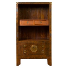 19th Century Elmwood Bookcase with Doors, Drawers and Brass Hardware