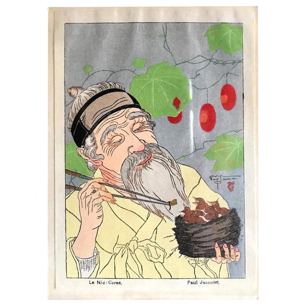 Paul Jacoulet Japanese Surimono Woodblock Print Le Nid, Coree the Nest, Korea