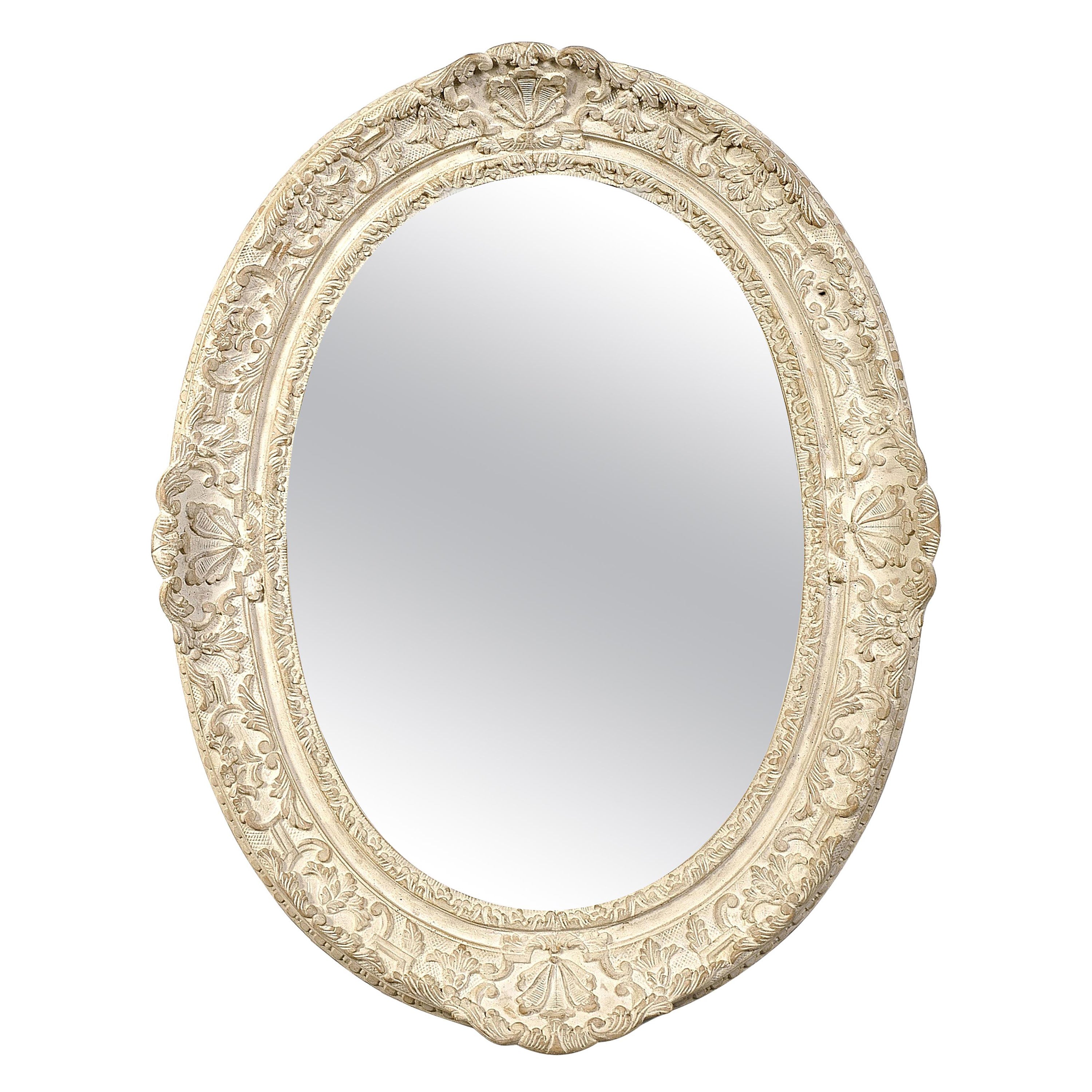Neoclassical Empire Oval Silver Hand Carved Wooden Mirror, Spain, 1970 For Sale