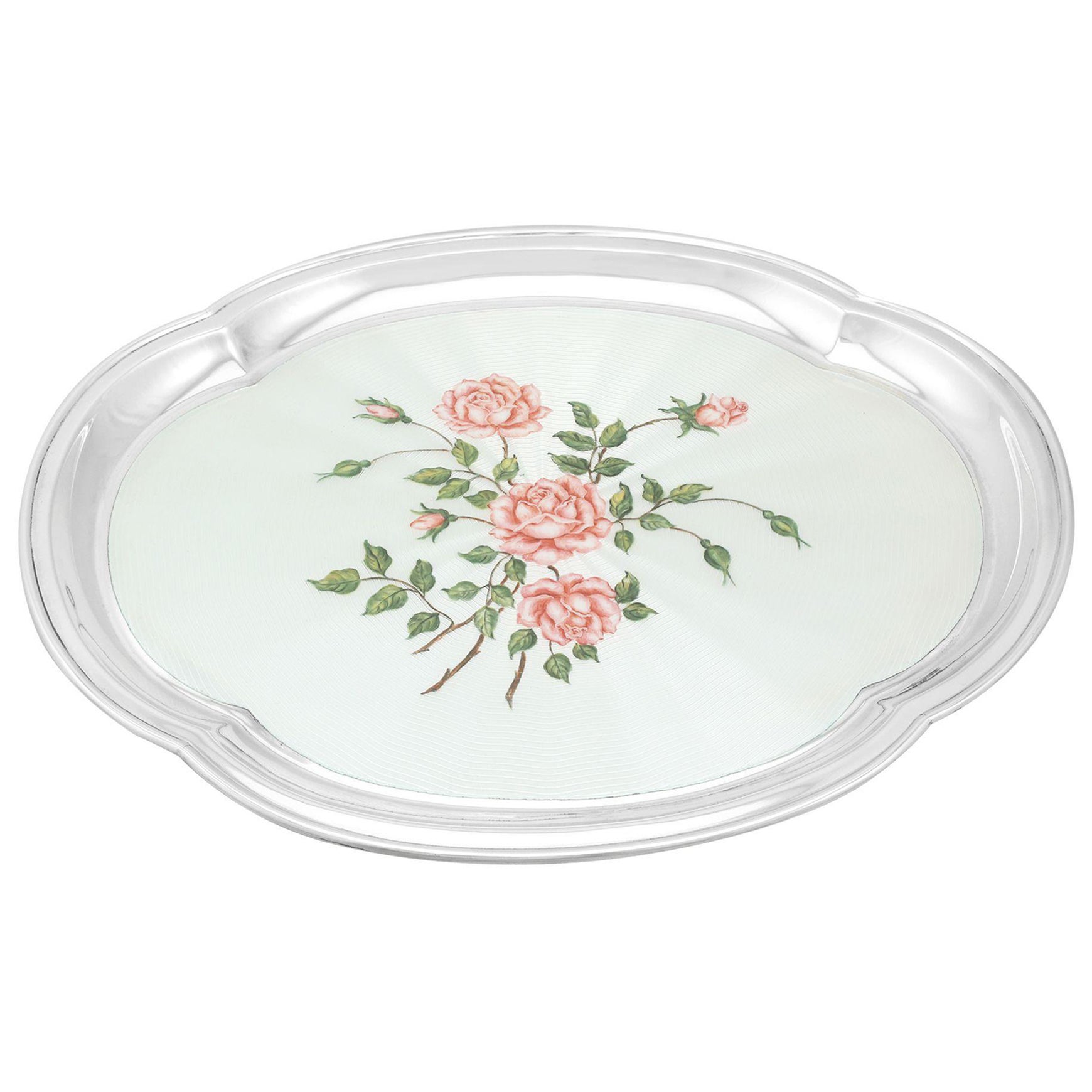 Bandeja de tocador vintage 1971 de plata de ley y rosa esmaltada en venta