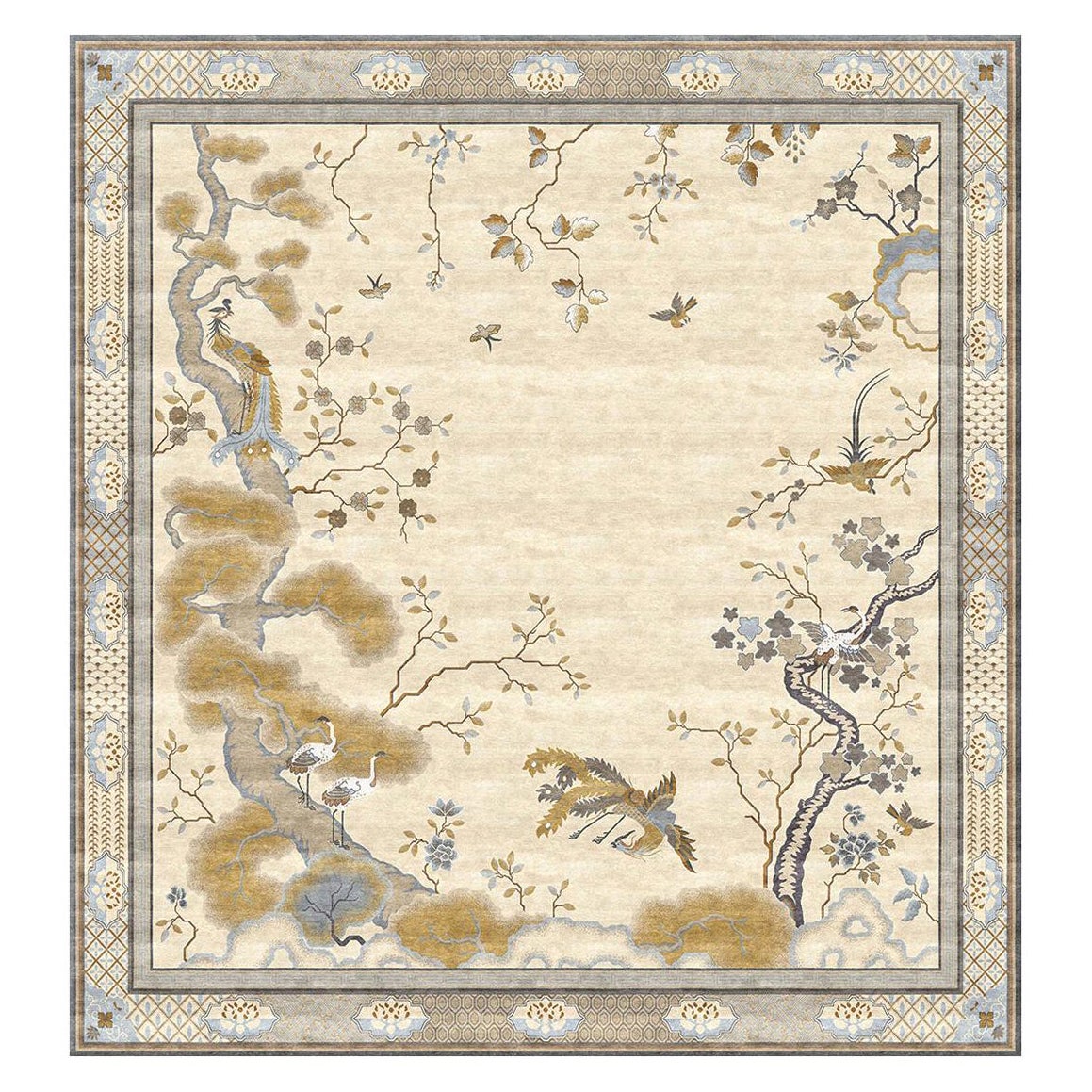 Traditional motif Beige Hand Knotted Silk Rug - Chinese Phoenix Celeste For Sale