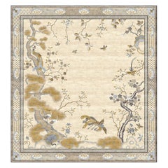Chinese Phoenix Celeste, Beige Patterned Hand Knotted Silk Rug