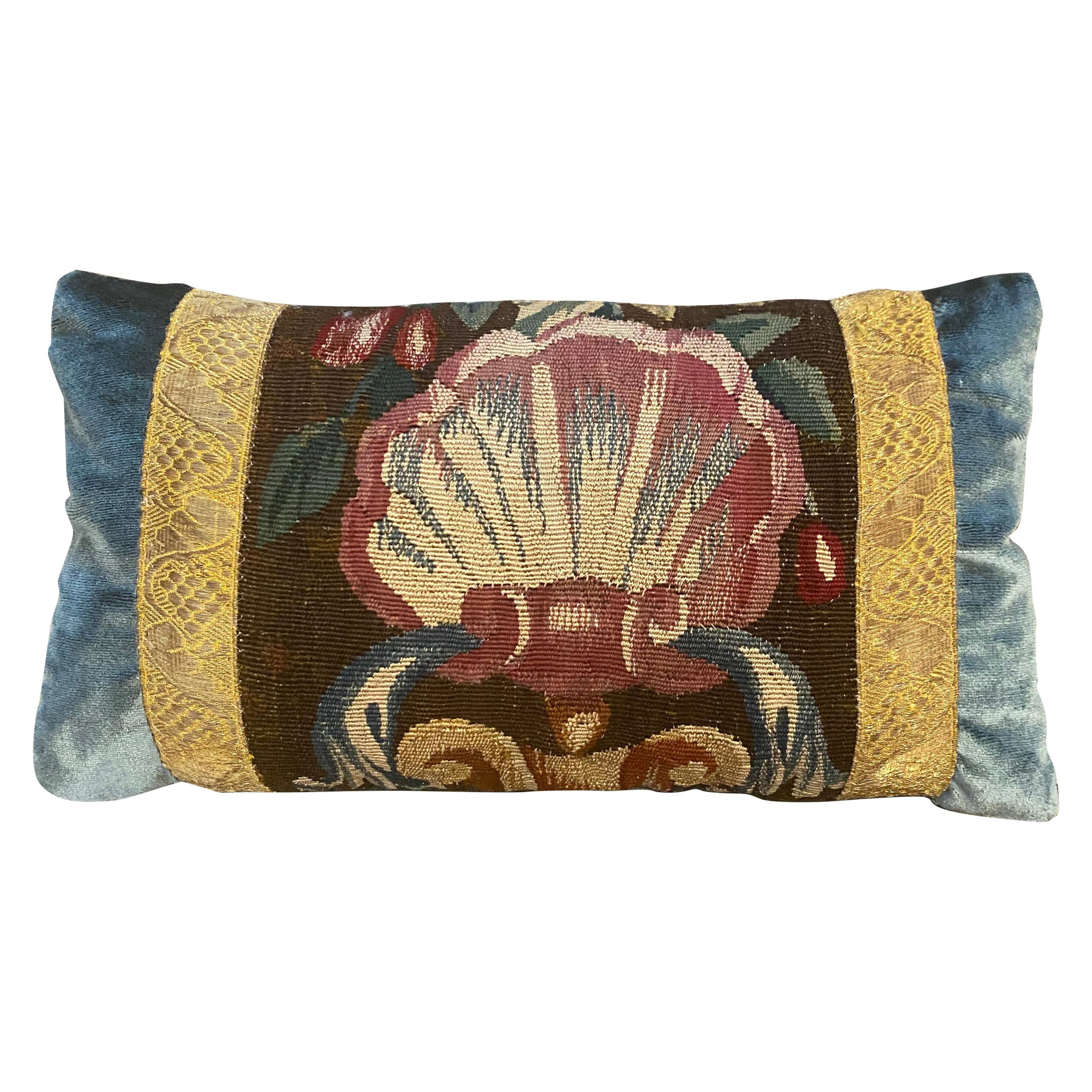 18th Century Verdure Tapestry Fragment and Blue Silk Velvet Pillow For Sale