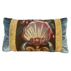 18th Century Verdure Tapestry Fragment and Blue Silk Velvet Pillow