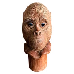 Hand Carved Wood Monkey Cane Walking Stick Handle with Piercing Blue Eyes