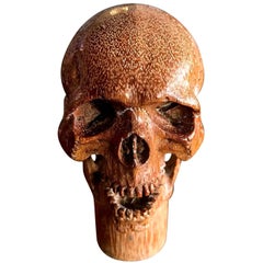 Antique Hand Carved Wood Memento Mori Skull Cane Walking Stick Handle