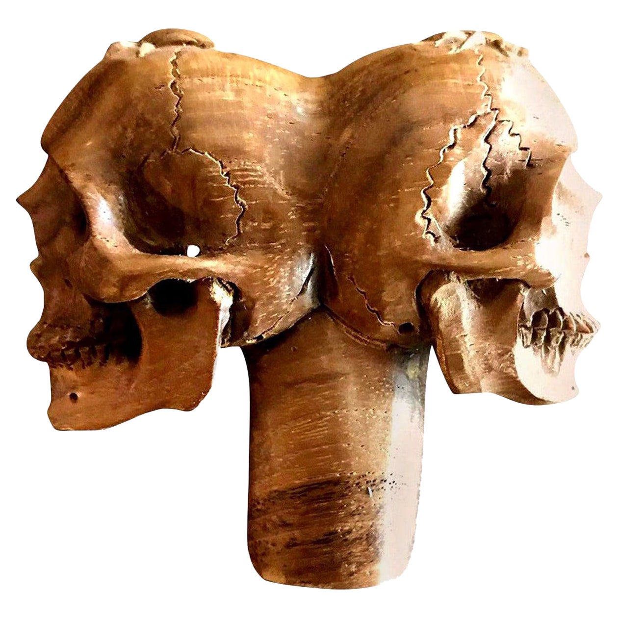 Handgeschnitzter Holz-Memento Mori-Läufer mit doppeltem Schädel:: Gehstockgriff
