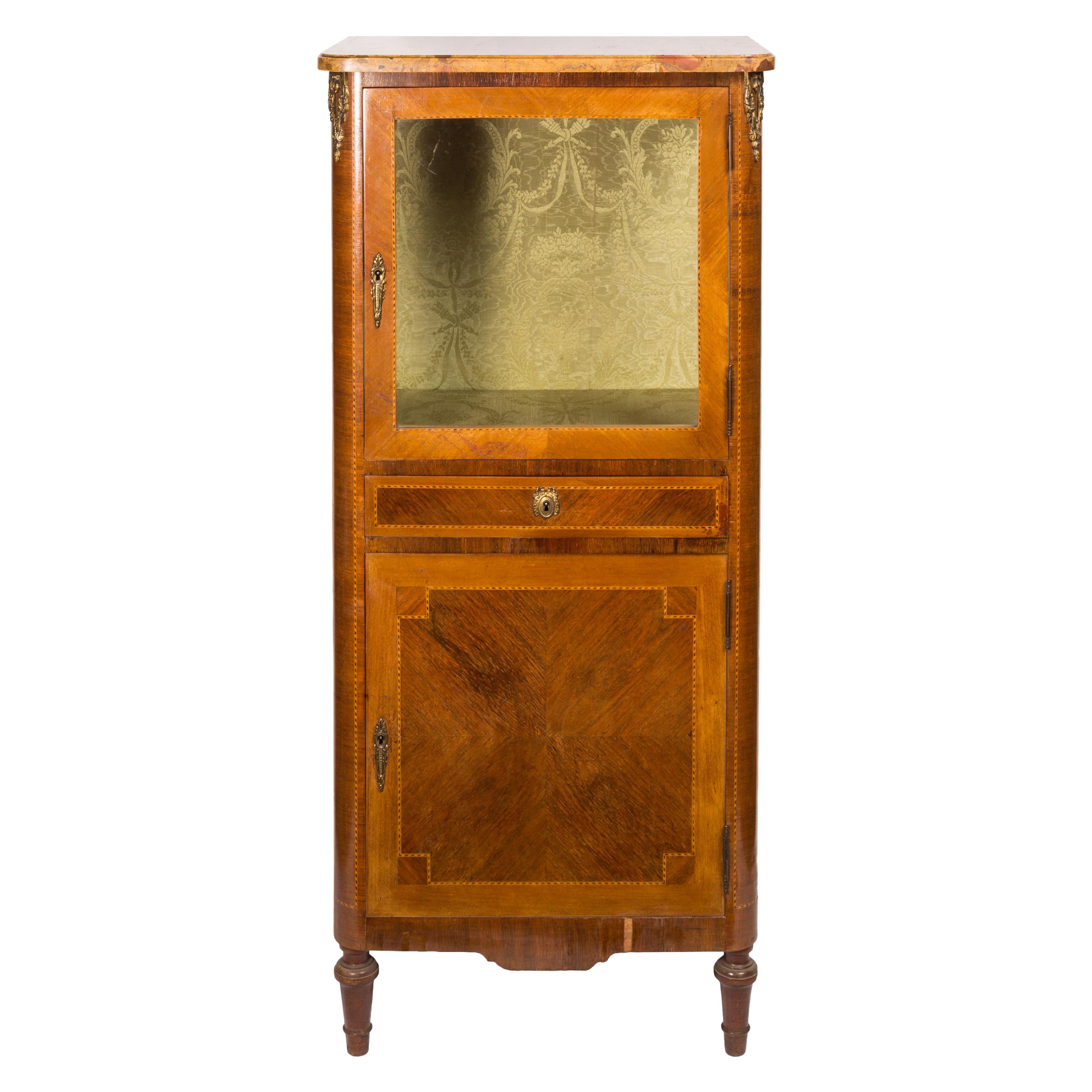 Small Louis XVI Style Vitrine with Marquetry, Ormolu Hardware and Marble Top For Sale