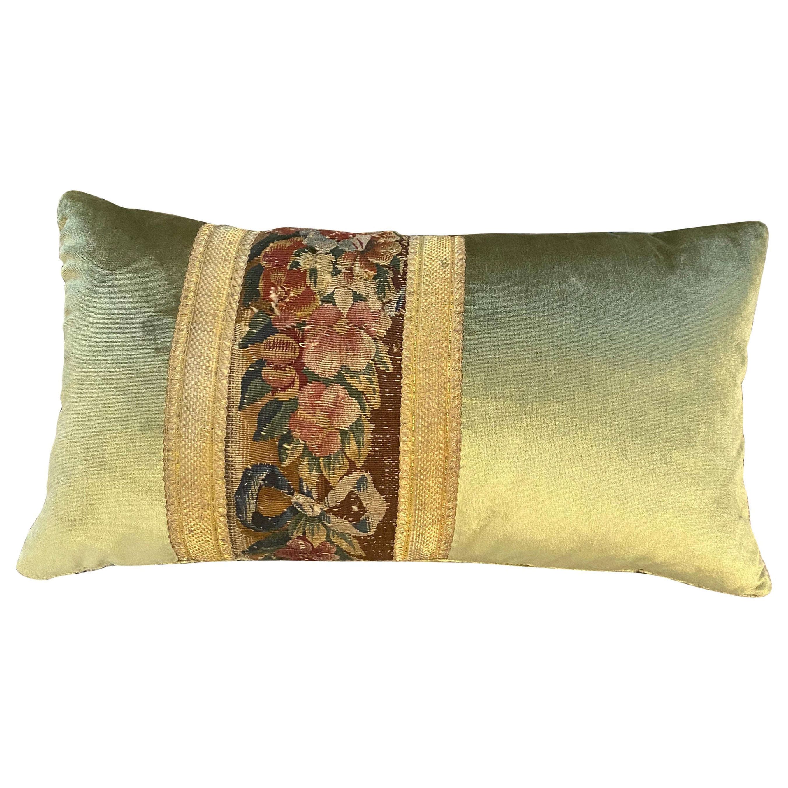18th Century Tapestry Fragment and Celadon Silk Velvet Pillow For Sale