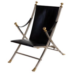 Maison Jansen Black Leather, Staineless Steel, and Brass Lounge Chair