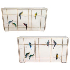 Pair of Custom Made Brass Bamboo Inlay and Murano Glass Parrot Sideboards, Italy