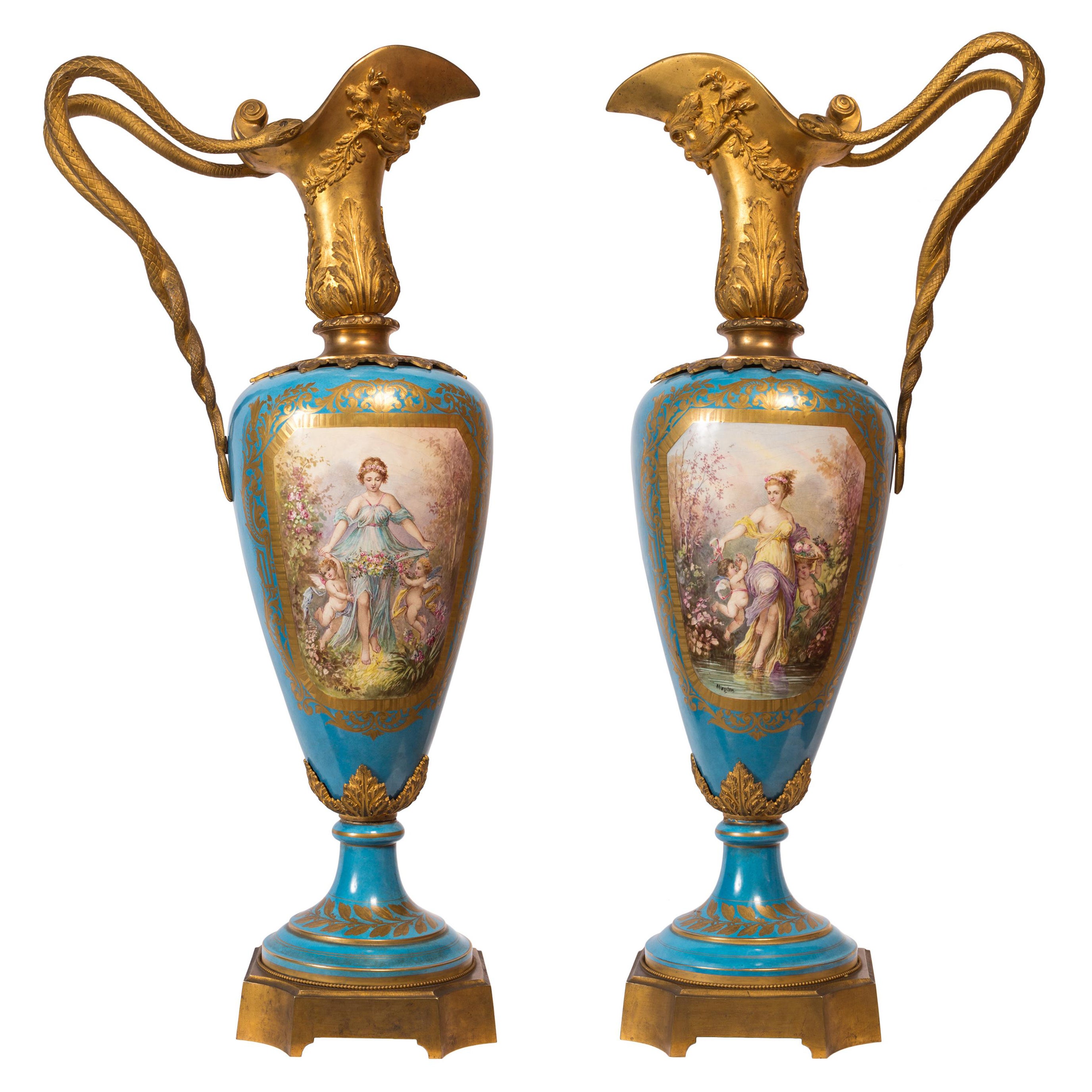 Pair of Large Sèvres Style Porcelain Vases, Detailed Ormolu, Serpent Handles