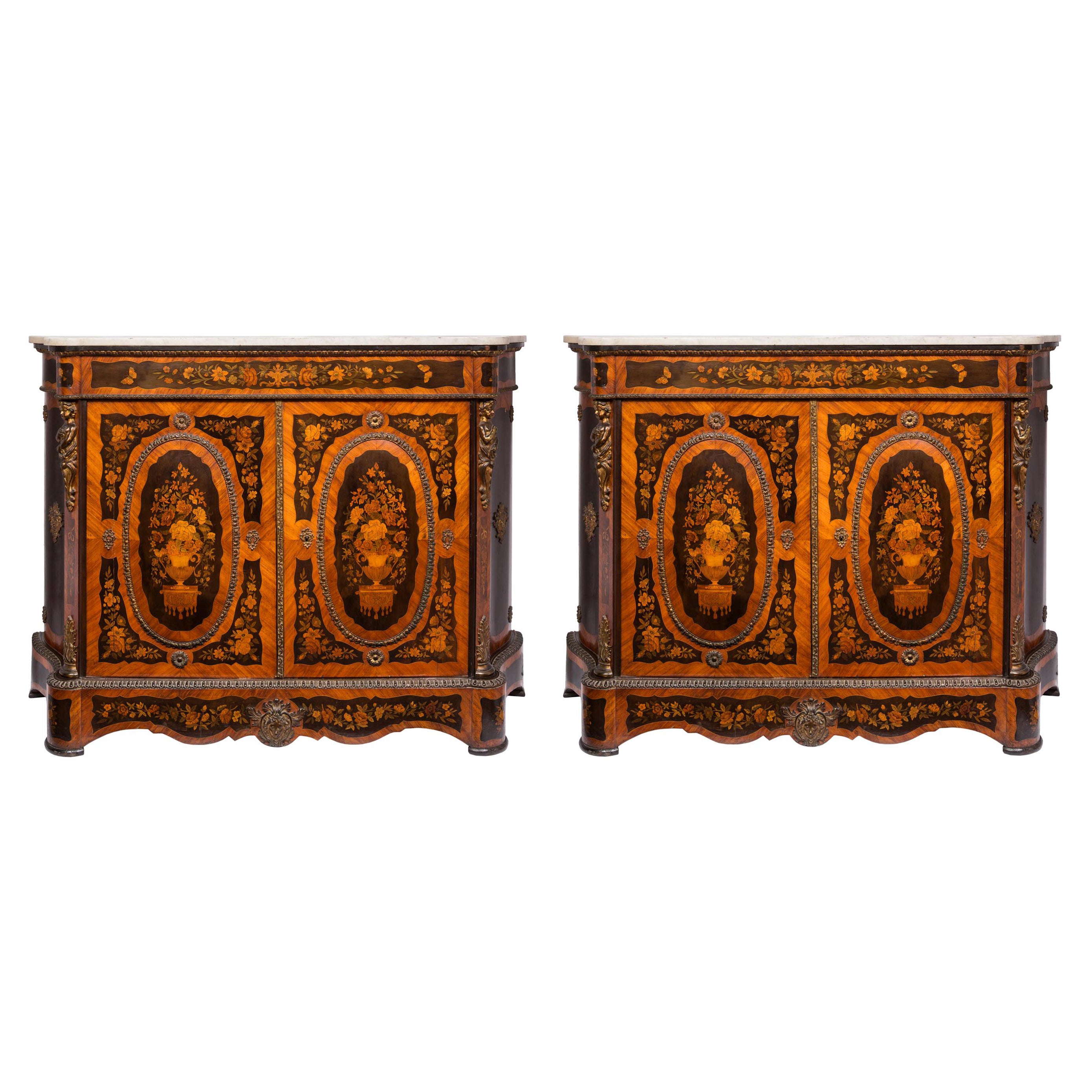 Pair of 19th Century French Louis XVI Style Side Cabinets with Floral Marquetry For Sale