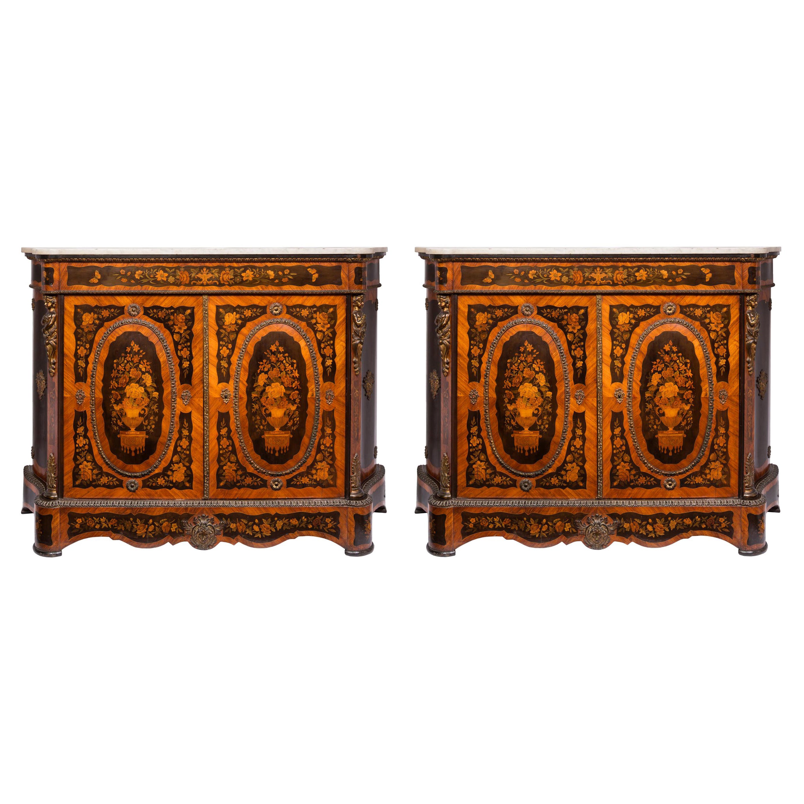 Pair of 19th Century French Louis XVI Style Side Cabinets with Floral Marquetry