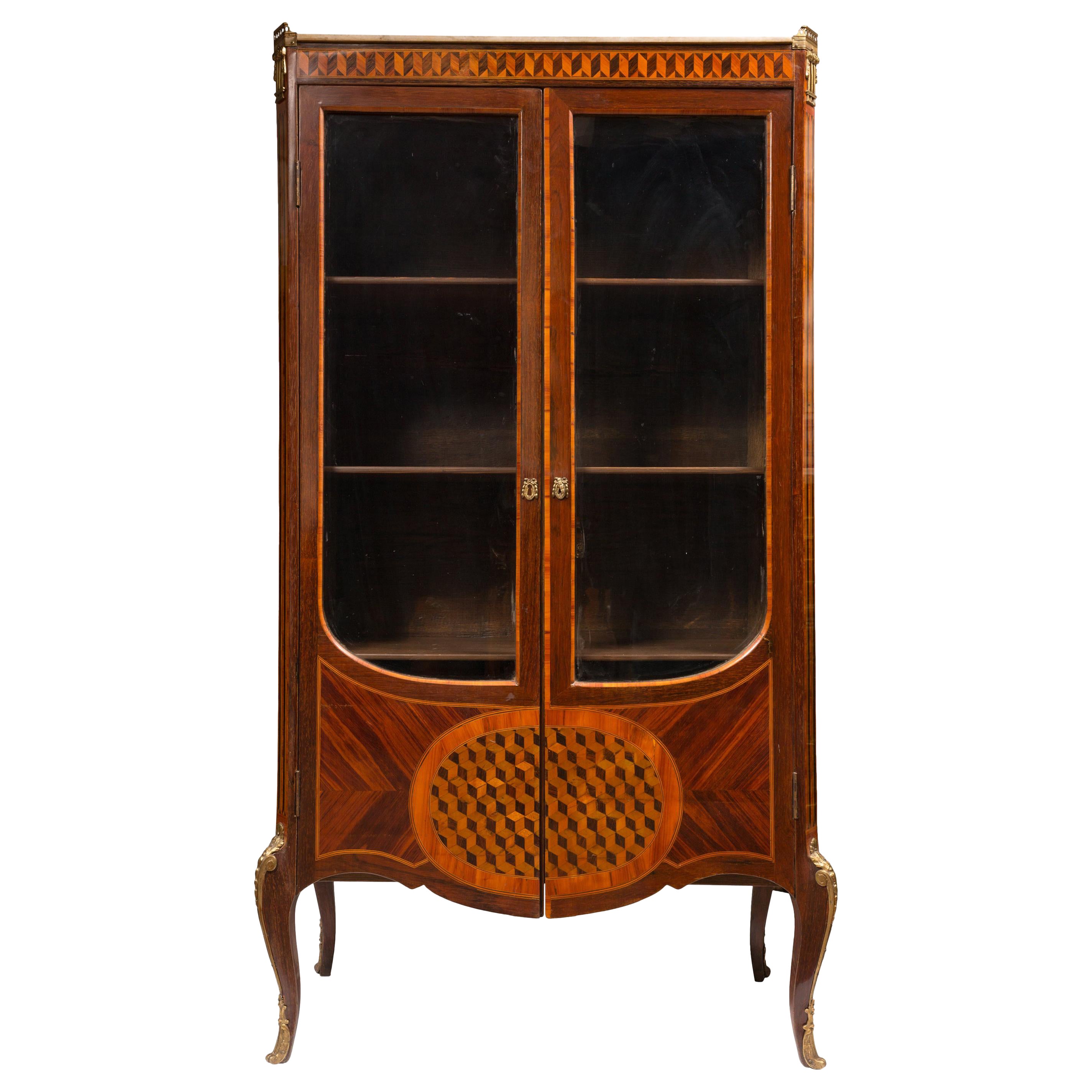 19th Century Louis XIV Style Breakfront Vitrine with "Tumbling Block" Parquetry For Sale