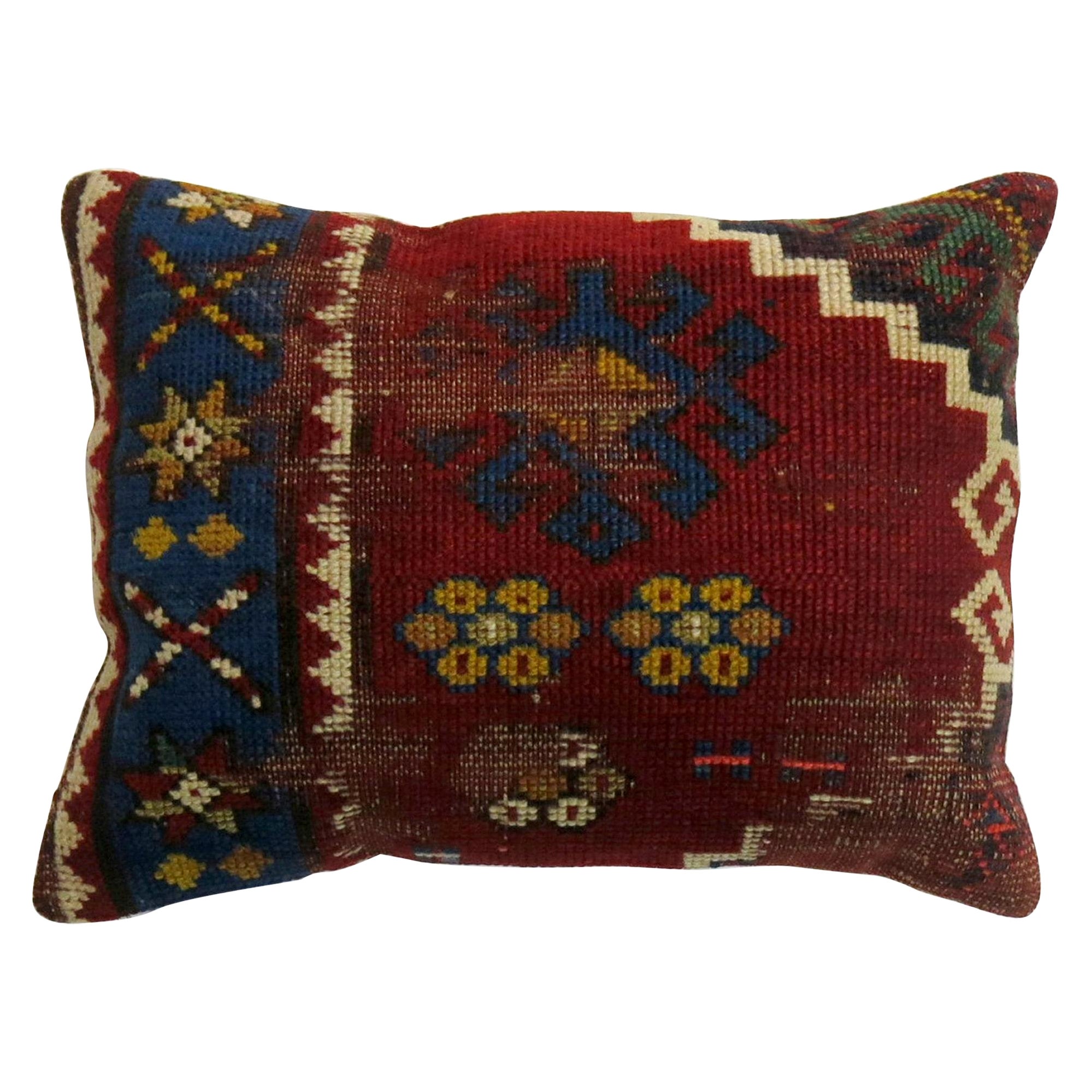 Red Blue Tribal Antique Kazak Rug Pillow