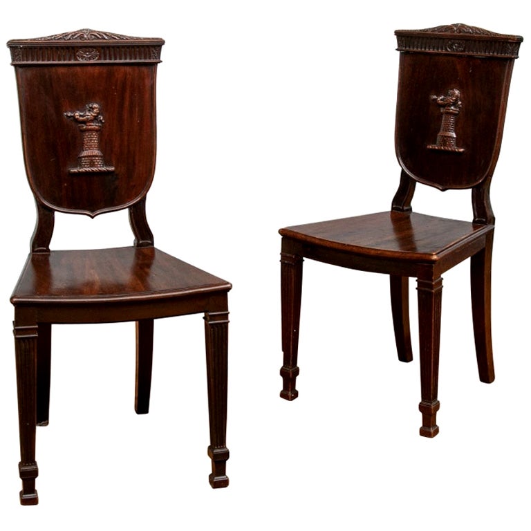 Pair Irish 19thC Highly Carved Mahogany Hall Chairs with Shell Backs