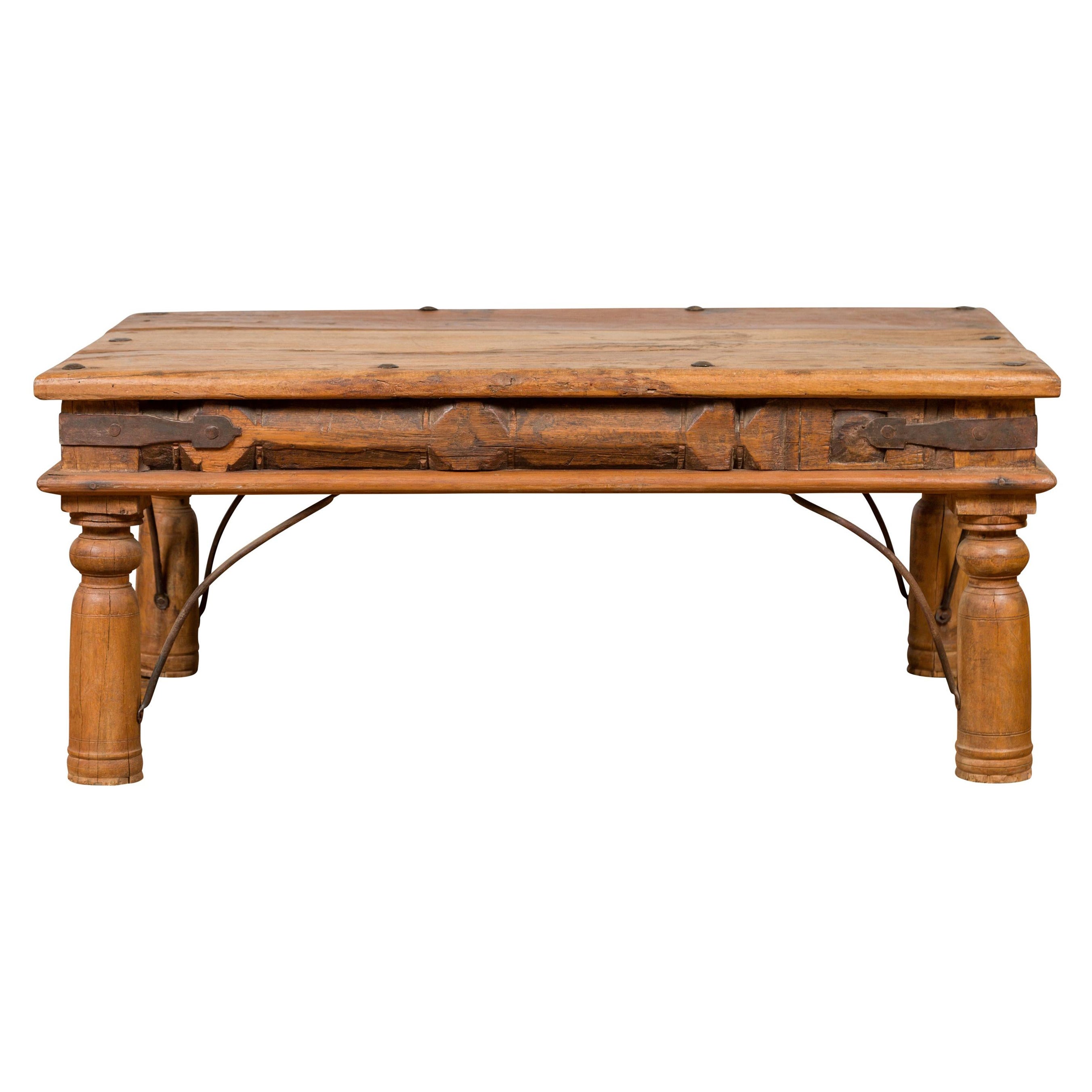 Rustic Indian Sheesham Wood Coffee Table with Nailhead Design and Baluster Legs