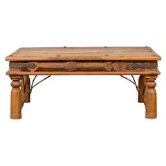 Rustic Indian Sheesham Wood Coffee Table with Nailhead Design and Baluster Legs