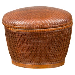 Vintage Oval Woven Rattan Basket with Lid and Geometric Motifs