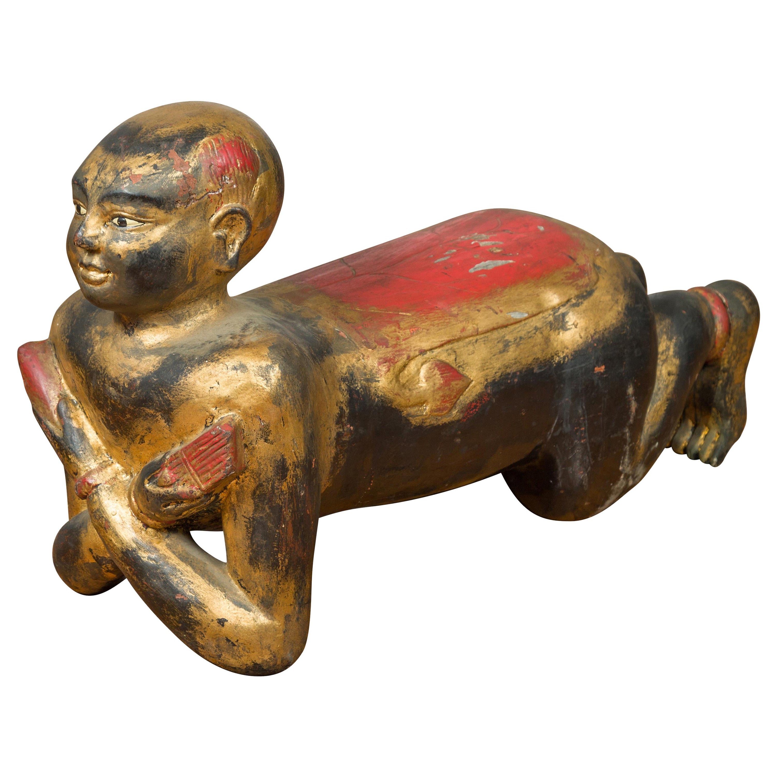 Vintage Thai Ceremonial Gilt Carved Temple Guardian with Black and Red Patina For Sale