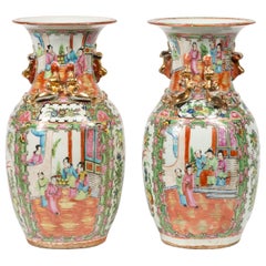 Pair 19th Century Canton Chinese Urns in Famille Rose Style, Bright Colors