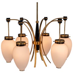 Stilnovo Ceiling Lamp in Brass, Metal and Opaline Glass, Italy, 1960s