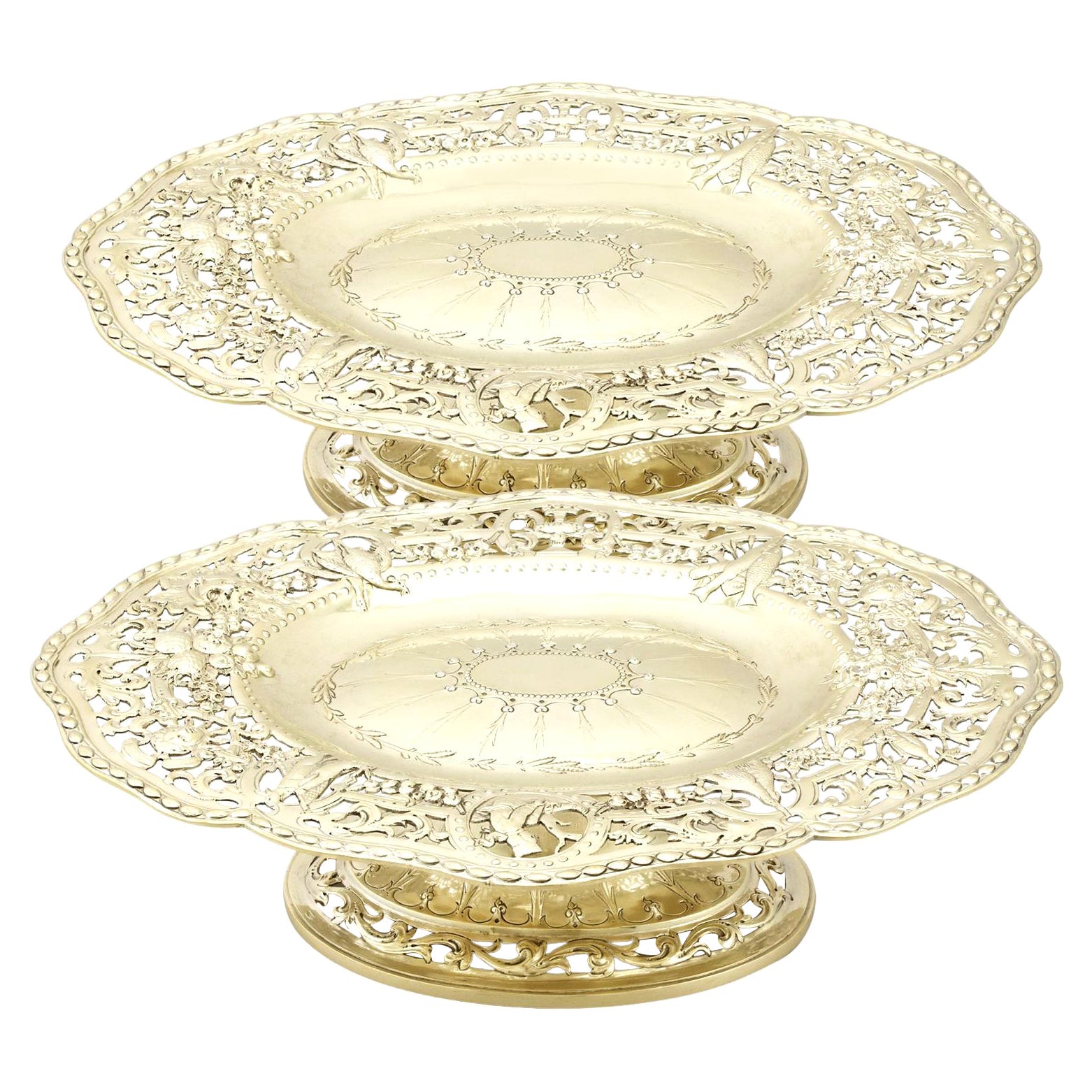 1880s Antique Victorian Sterling Silver Gilt Tazzas / Centerpieces For Sale