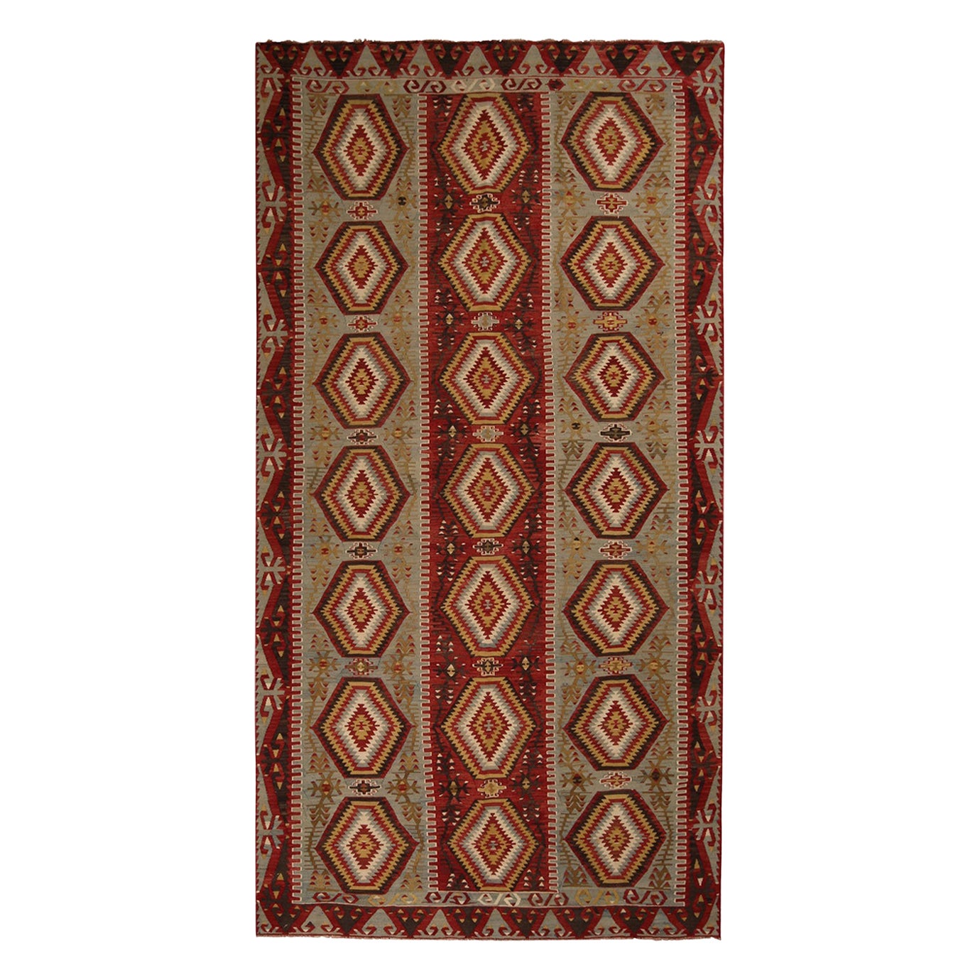 Vintage Midcentury Green and Red Geometric Wool Rug with Earth Tone Accents For Sale at 1stDibs