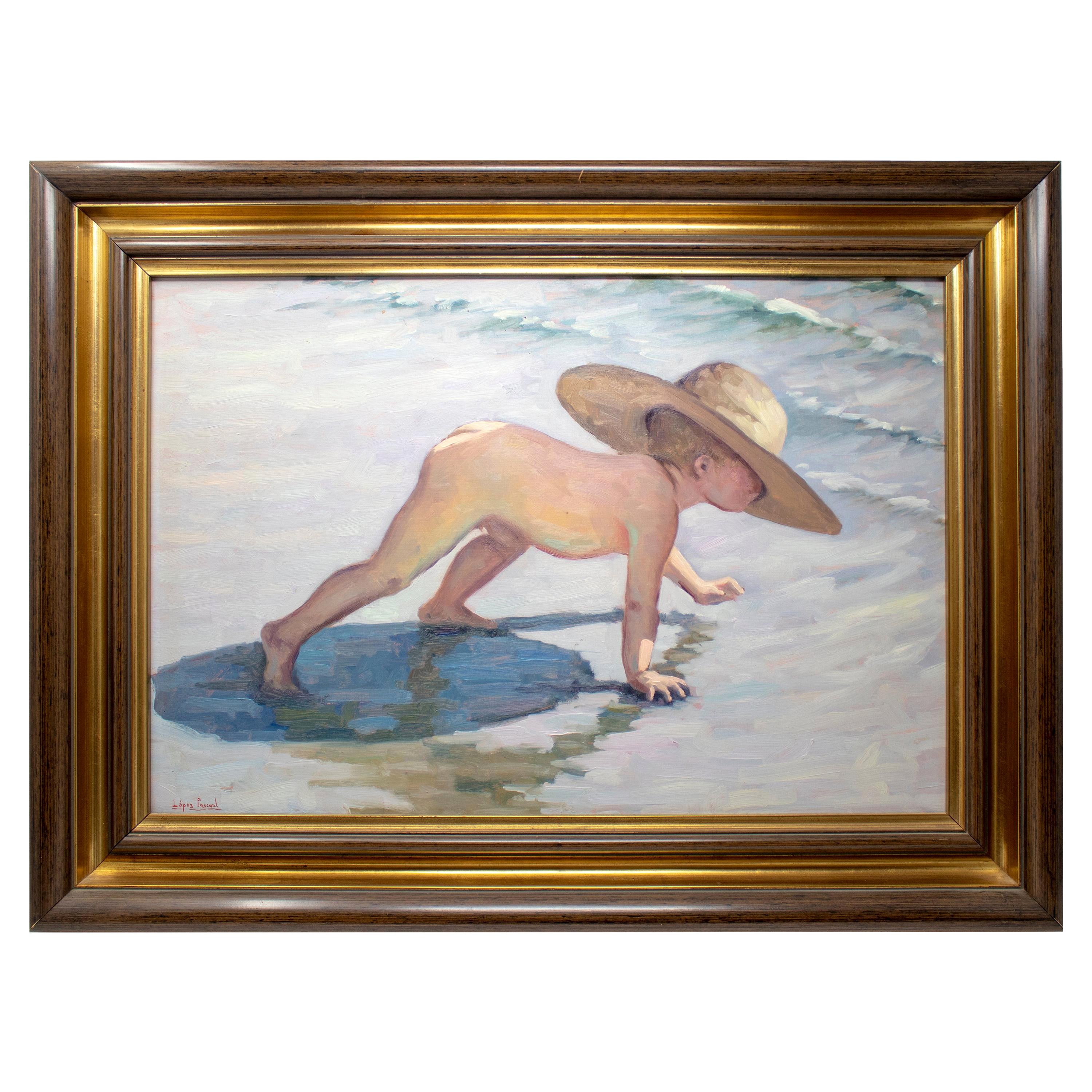 1950s López Pascual Oil on Canvas of Boy in Beach For Sale