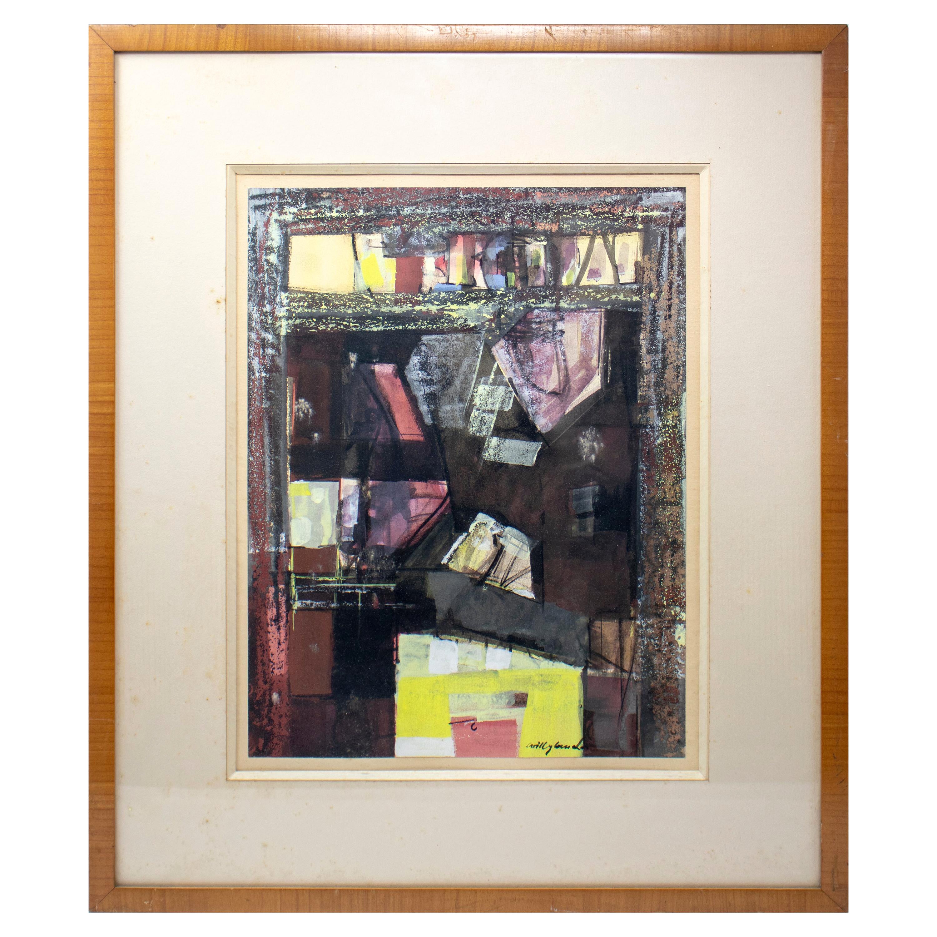 1970s Signed Contemporary Style Watercolor with Frame For Sale