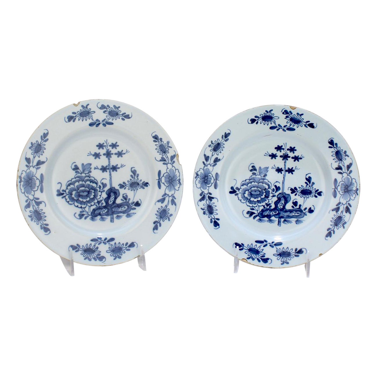 Matched Pair of Antique 18th Century English Delft Plates with Peonies