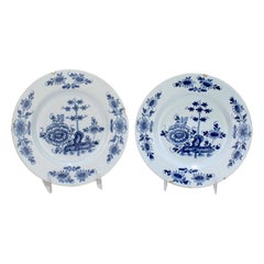 Matched Pair of Antique 18th Century English Delft Plates with Peonies