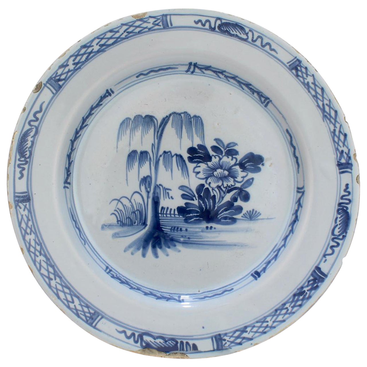 Antique 18th C English Delft Chinoiserie Plate with Willow Tree & Lotus Bush