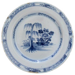 Used 18th C English Delft Chinoiserie Plate with Willow Tree & Lotus Bush