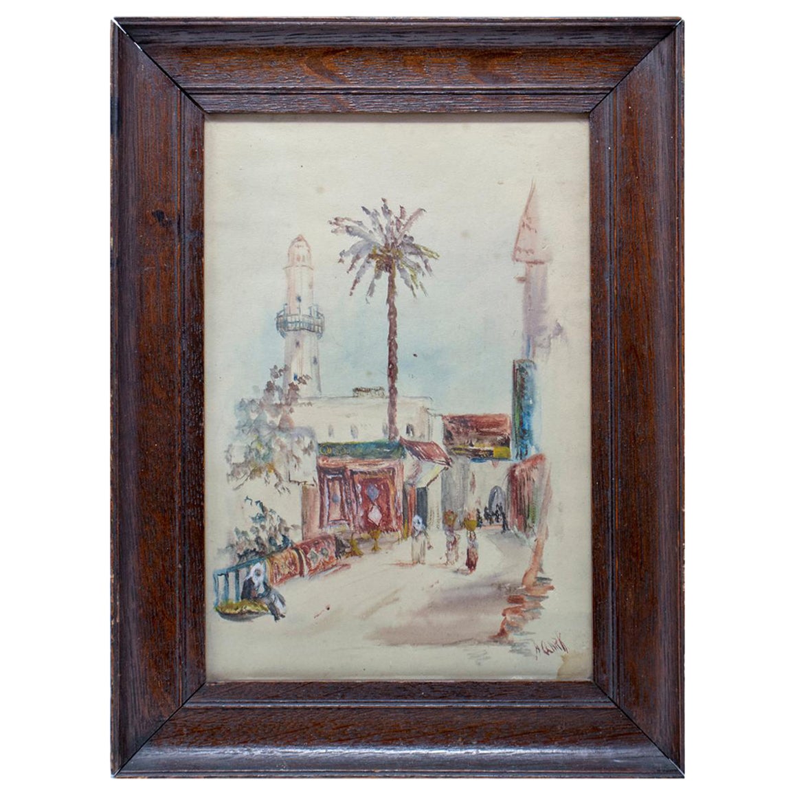 1950s A. Gark Orientalist Arab Souk Watercolor For Sale