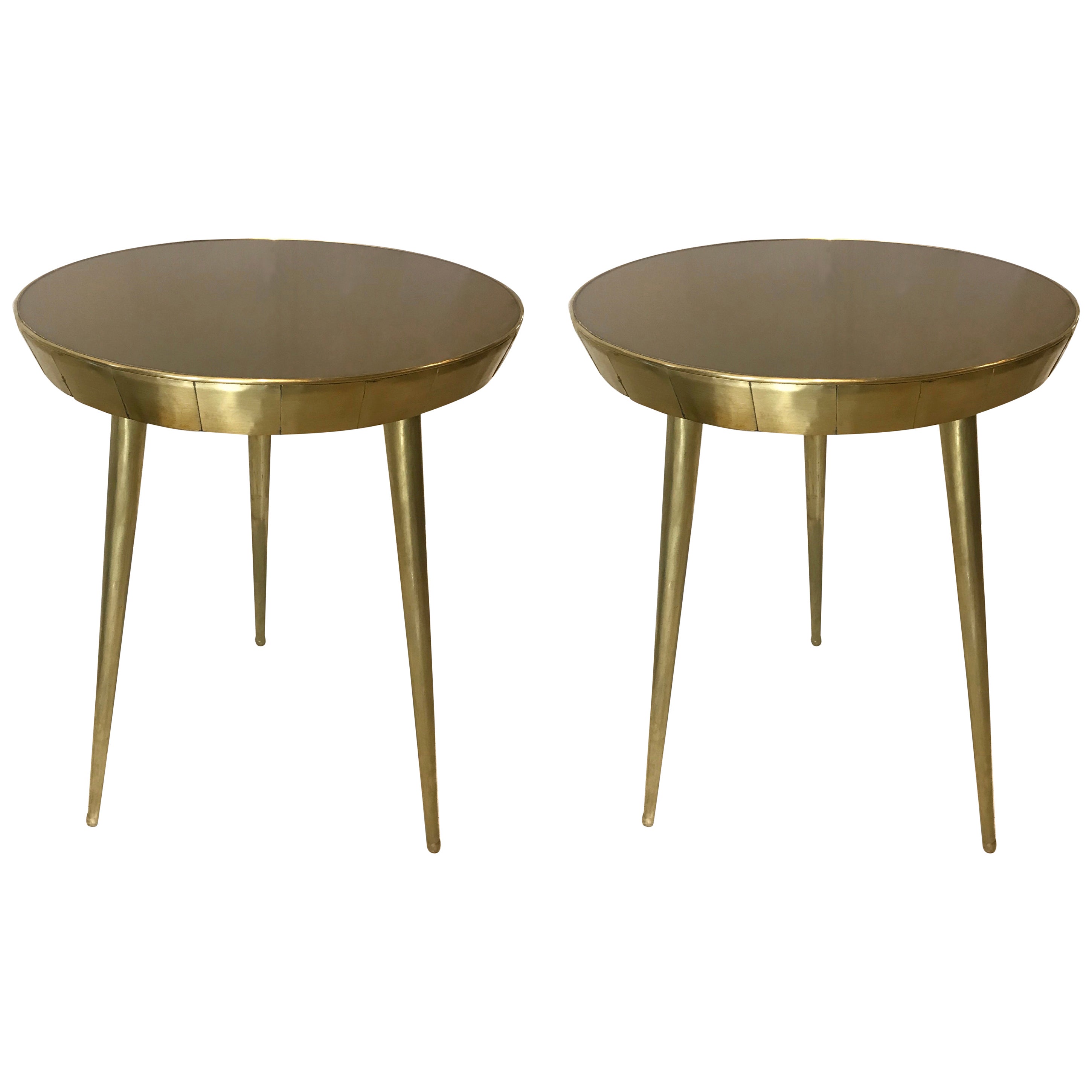 Italian Pair of Round Brass Tables with Hooved Feet and Glass Tops For