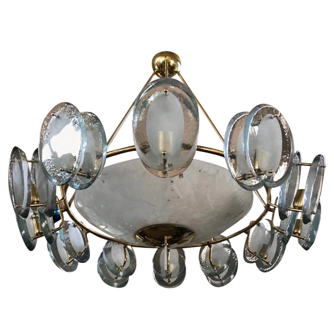Mid-Century Italian Brass and Glass Chandelier For Sale