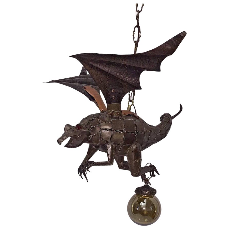 Patinated Iron Dragon Light Fixture For Sale