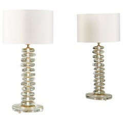 Paar hohe italienische Murano-Glas- und Messinglampen "Kieselstein