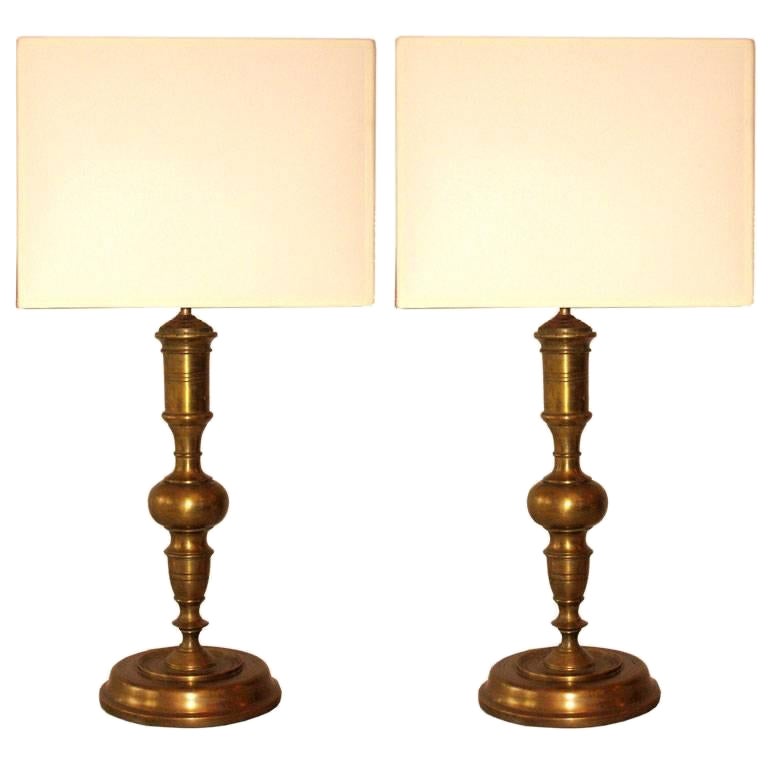 Pair French Mid-Century Modern Neoclassical Brass Table Lamps, Jean-Michel Frank