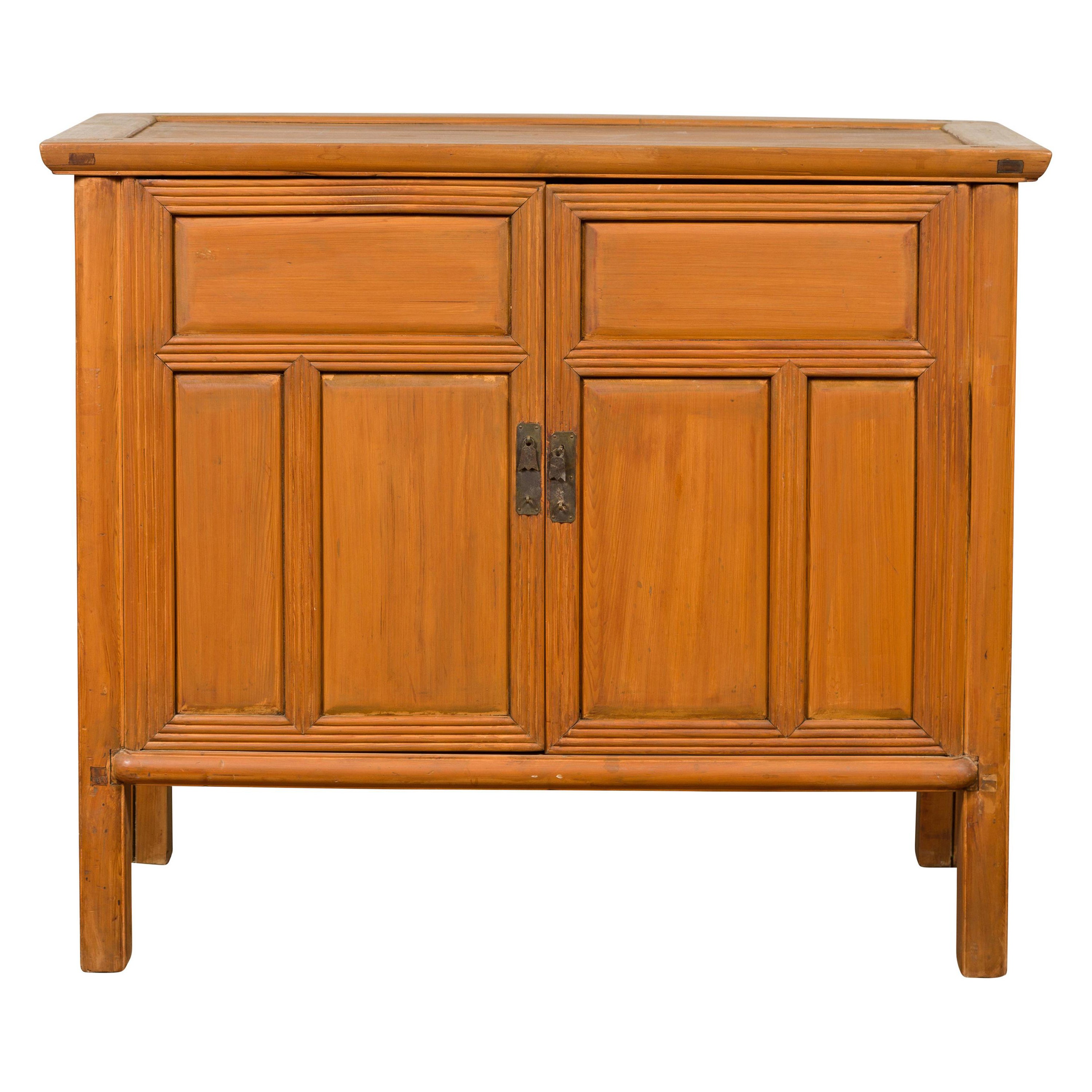 Vintage Chinese Buffet with Paneled Doors, Hidden Drawers and Natural Patina For Sale