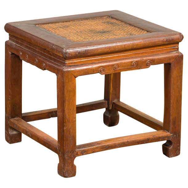 Ming Stool Antique Chinese Ming Style Waisted Stool with Horsehoof Legs and Rattan ...