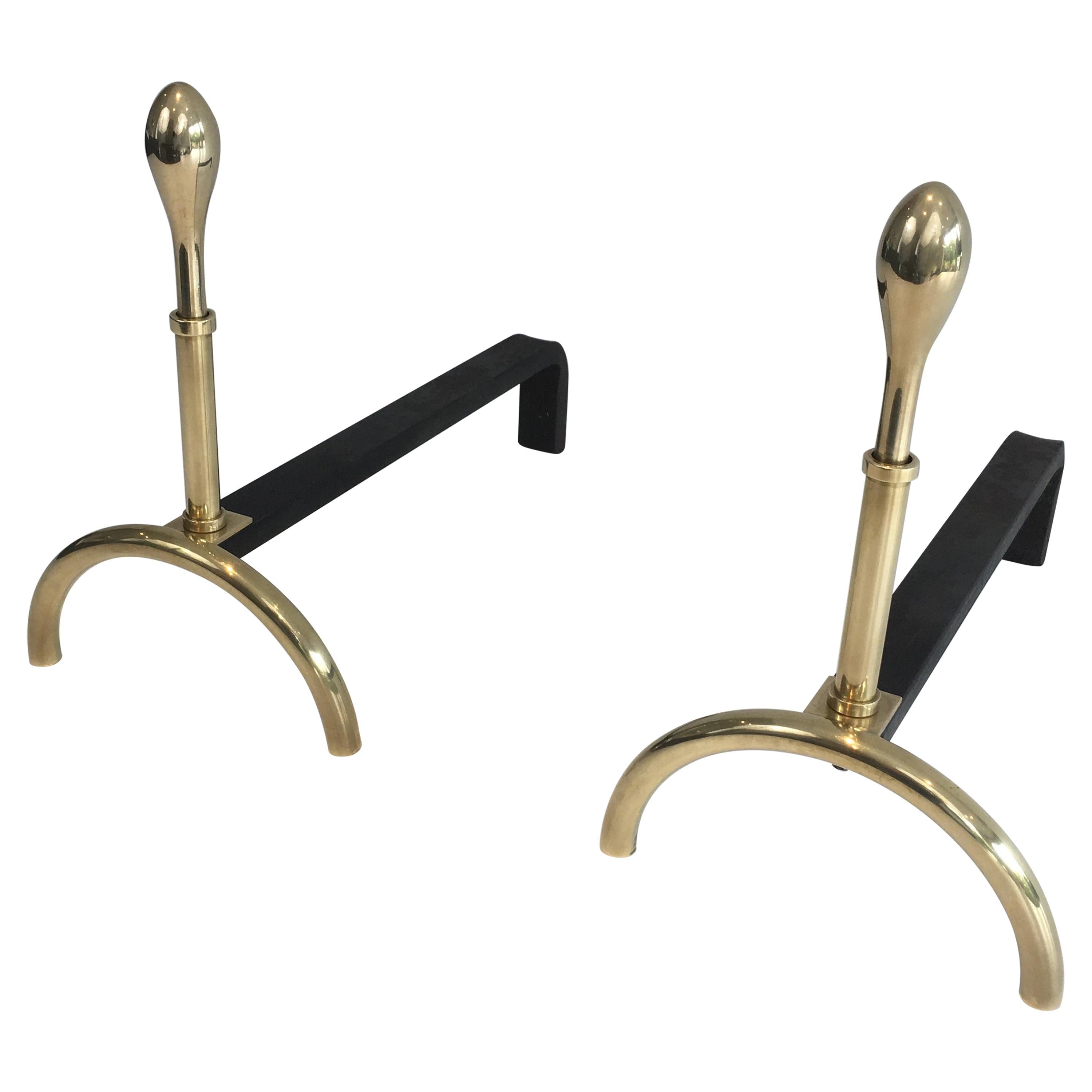 Pair of Neoclassical Style Brass and Iron Andirons, French, circa 1970 For Sale